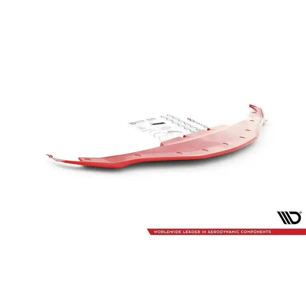 Frontspoiler Toyota Supra Mk5 ABS V.3 i rød plast, skrå vinkel, hull langs kanten, monteringsutstyr bak.