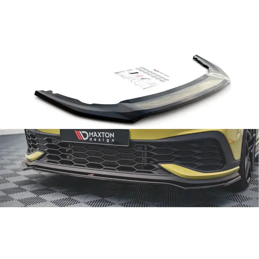 Frontleppe til Volkswagen Golf 8 GTI Clubsport, sort plast med monteringsutstyr og instruksjonsskjema.