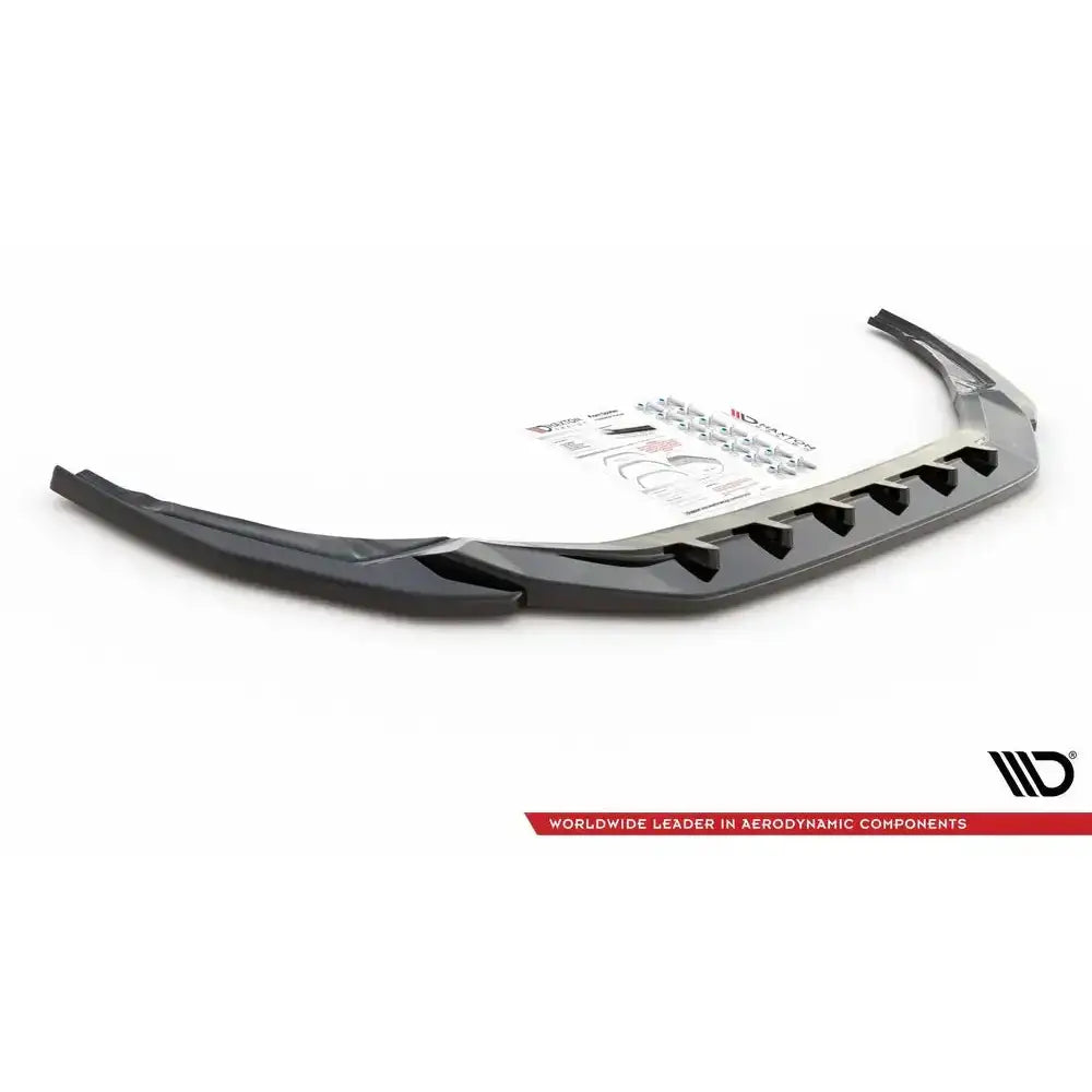 Front splitter til Audi S3 A3 S-Line 8Y, sort plast med festedeler og monteringsanvisning på hvit bakgrunn.