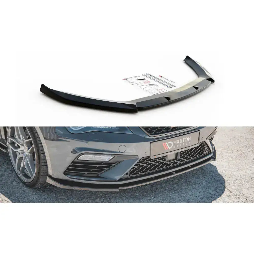 Frontspoiler til Seat Leon Cupra FR Mk3 FL V.6, sort plast, montert på bil med festedeler og instruksjoner.