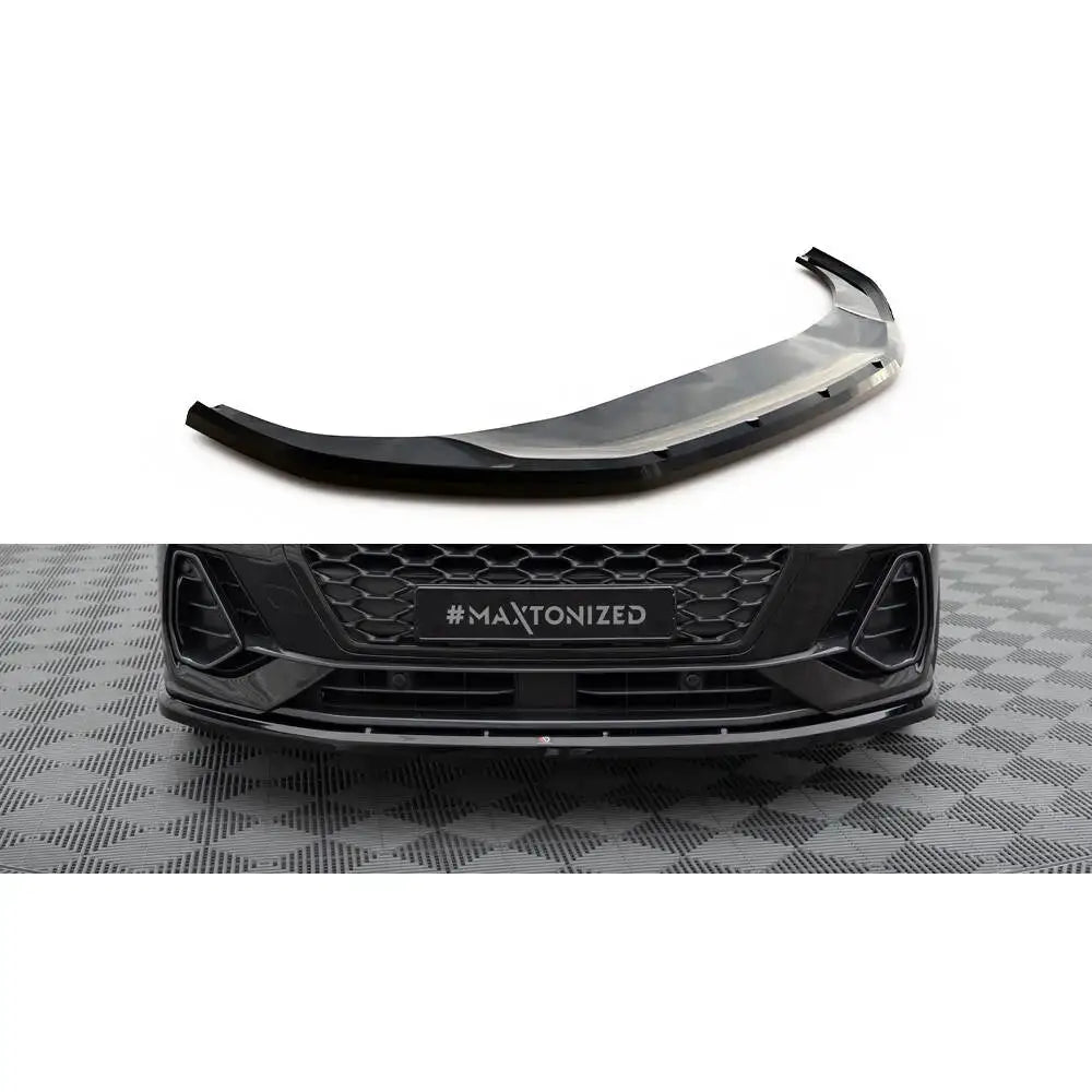 Frontspoiler Audi Q3 Sportback F3 V.1 i sort plast med blank finish, montert og vist fra skrå vinkel.