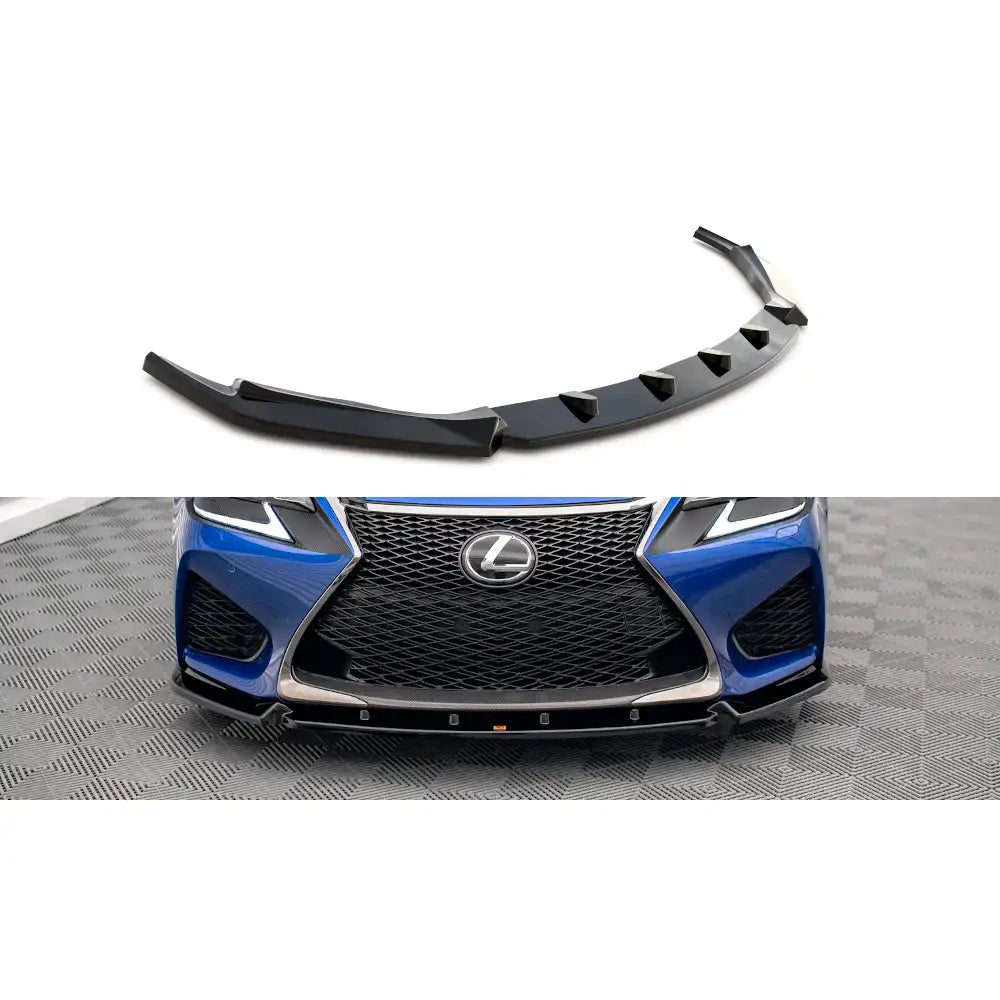 Frontspoiler til Lexus GS F Mk4 Facelift V.1, sort plast med kantede detaljer, montert på blå bil.