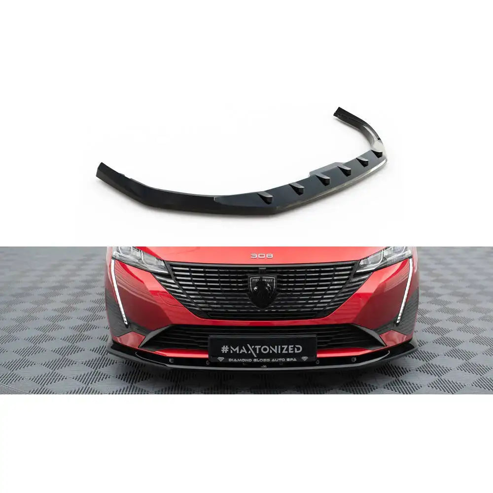 Frontspoiler Peugeot 308 Mk3 V.1 i svart glanset plast, vist separat og montert på rød bil forfra.