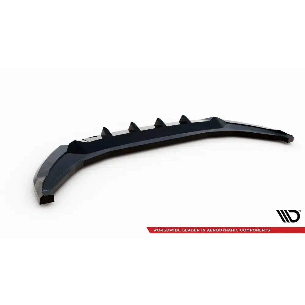 Frontspoiler Seat Tarraco FR Mk1 V.1 sort plast med vertikale finner, sett skrått ovenfra mot hvit bakgrunn.