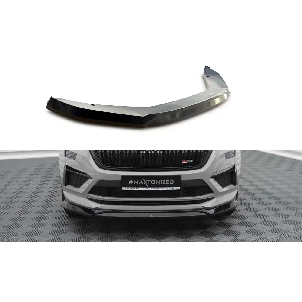 Frontspoiler til Skoda Kodiaq RS Mk1 Facelift V.1, sort plast, vist alene og montert forfra på bil.