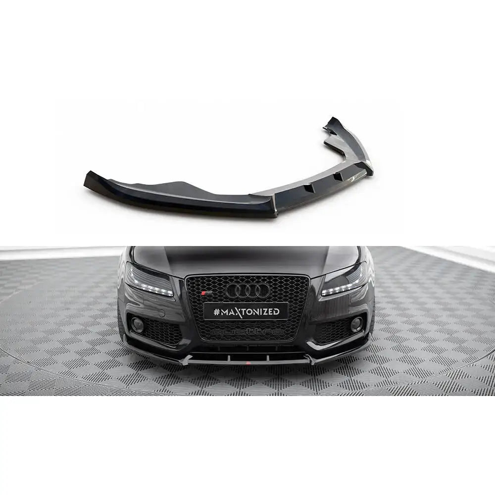 Frontspoiler Audi S5 / A5 S-Line 8T V.2 i sort plast, vist montert på sort bil forfra.