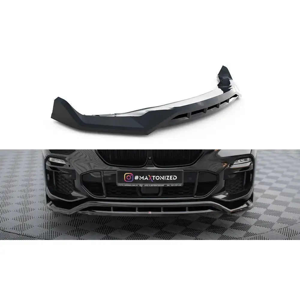 Frontspoiler BMW X5 M-Pack G05 V.2 i sort glanset plast, vist separat og montert på bilens front.