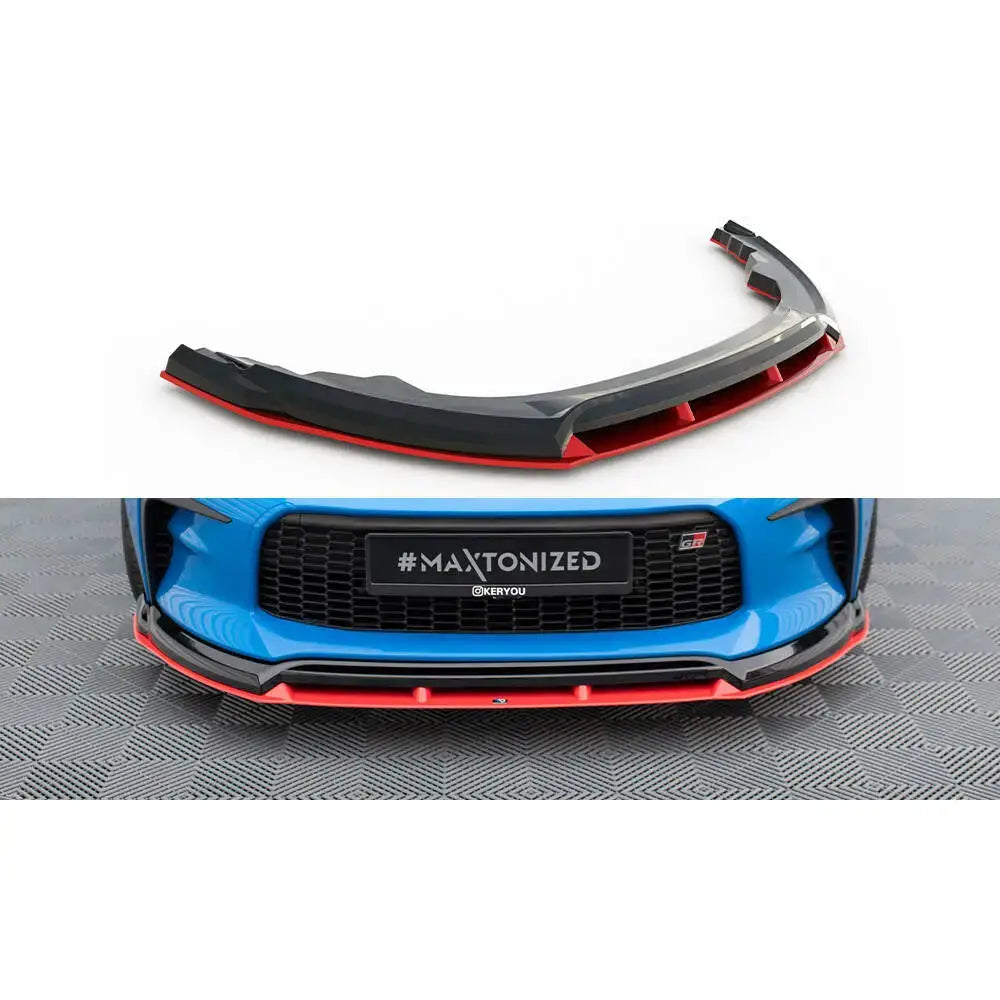 Frontspoiler til Toyota GR86 Mk1 V.3 i sort med rød kant, vist på blå bil forfra.