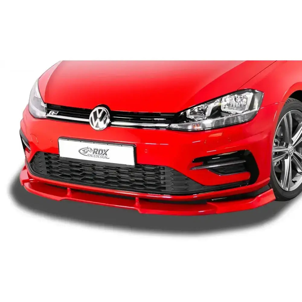 Frontspoiler Volkswagen Golf 7 Facelift 17- R-Line/R i rødt med svarte grilldetaljer, sett skrått forfra.