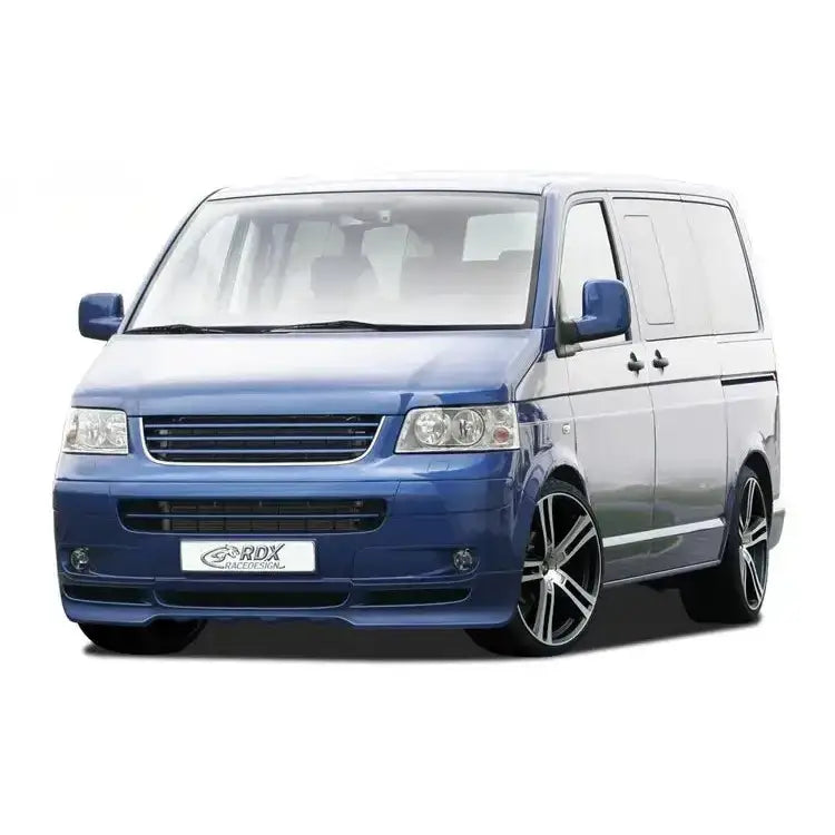 Frontspoiler Volkswagen T5 03-09 på blå varebil med mørke felger, sorte detaljer og senket understell.