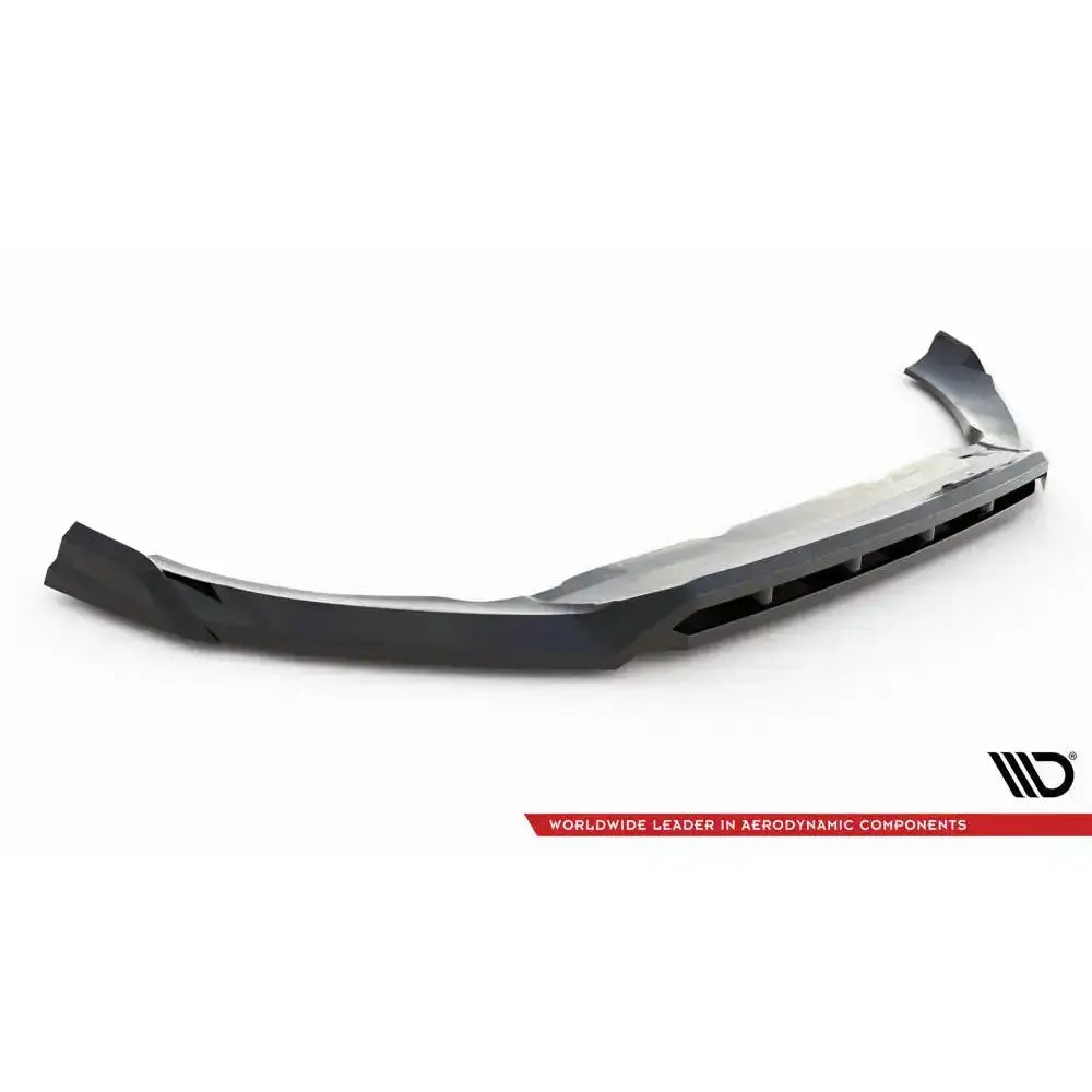 Front lip til Volvo XC60 R-Design Mk2 Facelift, sort plast med luftkanaler, sett fra siden og ovenfra.