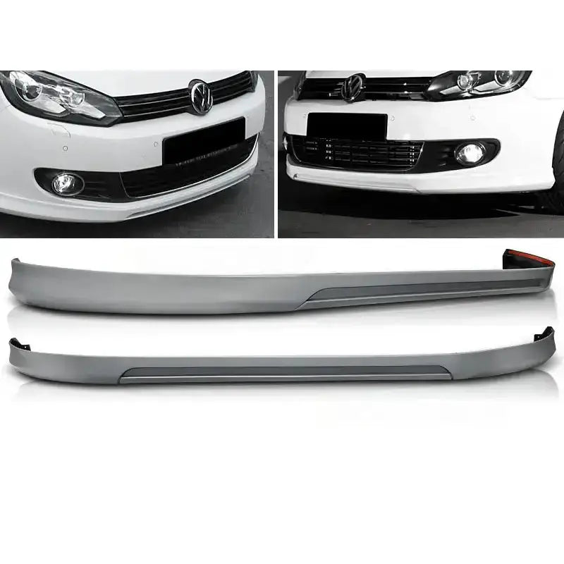 Frontspoiler VW Golf 6 VOTEX Style montert foran på hvit bil, sett fra side og skrå vinkel.