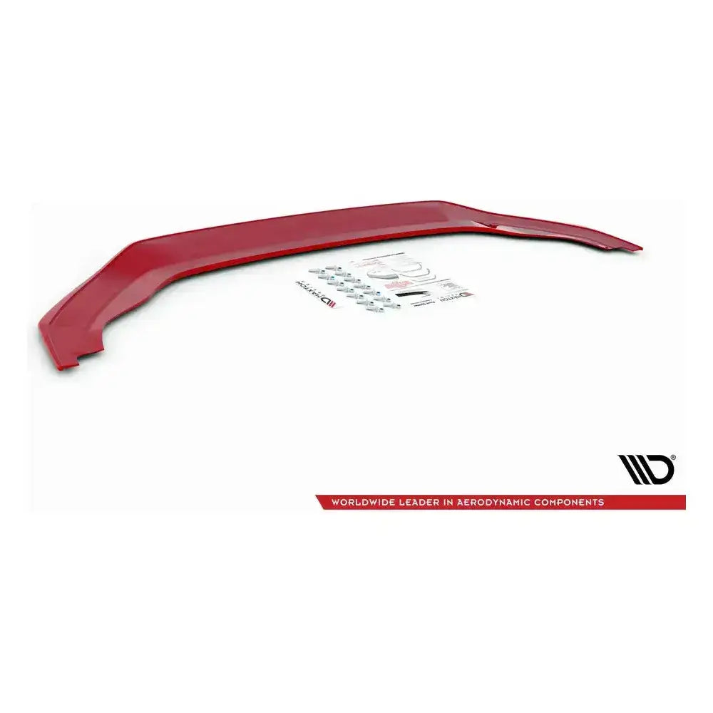 Spoiler til VW Golf 7 GTI TCR i rød plast med monteringsutstyr og klistremerker på hvit bakgrunn.