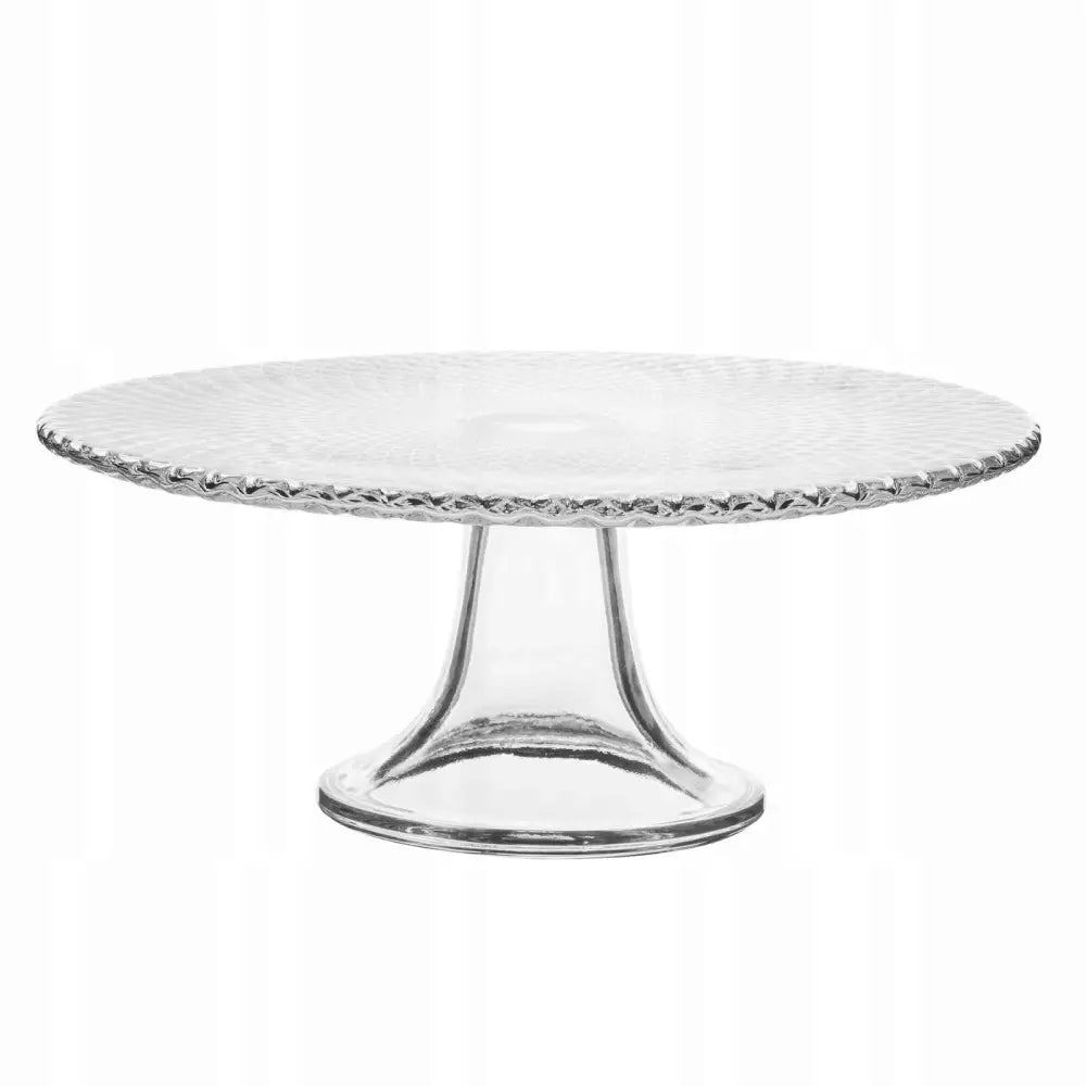 Fruktkakefat Edwanex Karo 28 cm, rundt glassfat på stett med dekorativ kant og mønstret overflate, sidevisning.