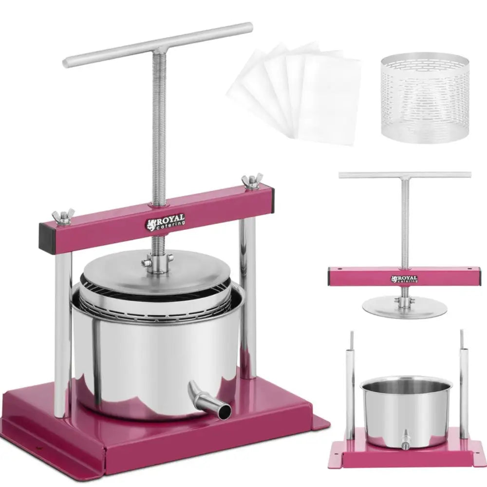 Fruktvin og juice manuell press, rustfritt stål og rosa metall med tut, perforert sylinder og pressduk.