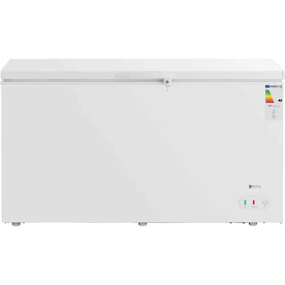 Fryseboks med nøkkellås, frontvisning som viser energimerking og kontrollpanel med indikatorlys på høyre side.