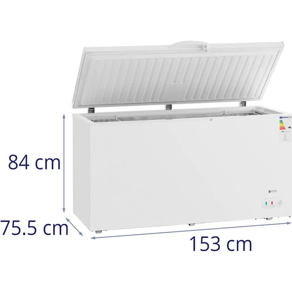 Fryseboks med nøkkellås, lokket åpent, viser to kurver og mål på siden fra skrå vinkel.