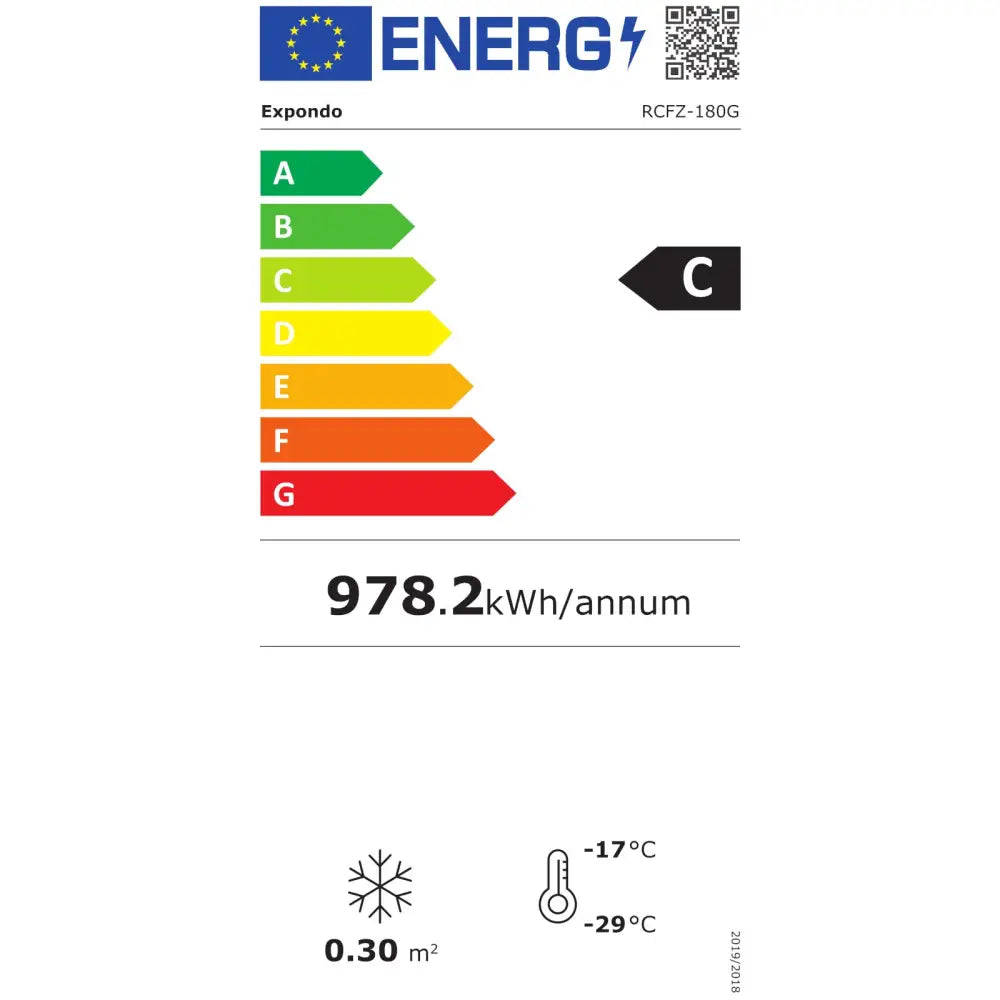 Energietikett for fryselagerkasse, viser klasse C, 978,2 kWh årlig forbruk og temperaturområde -17 til -29°C.