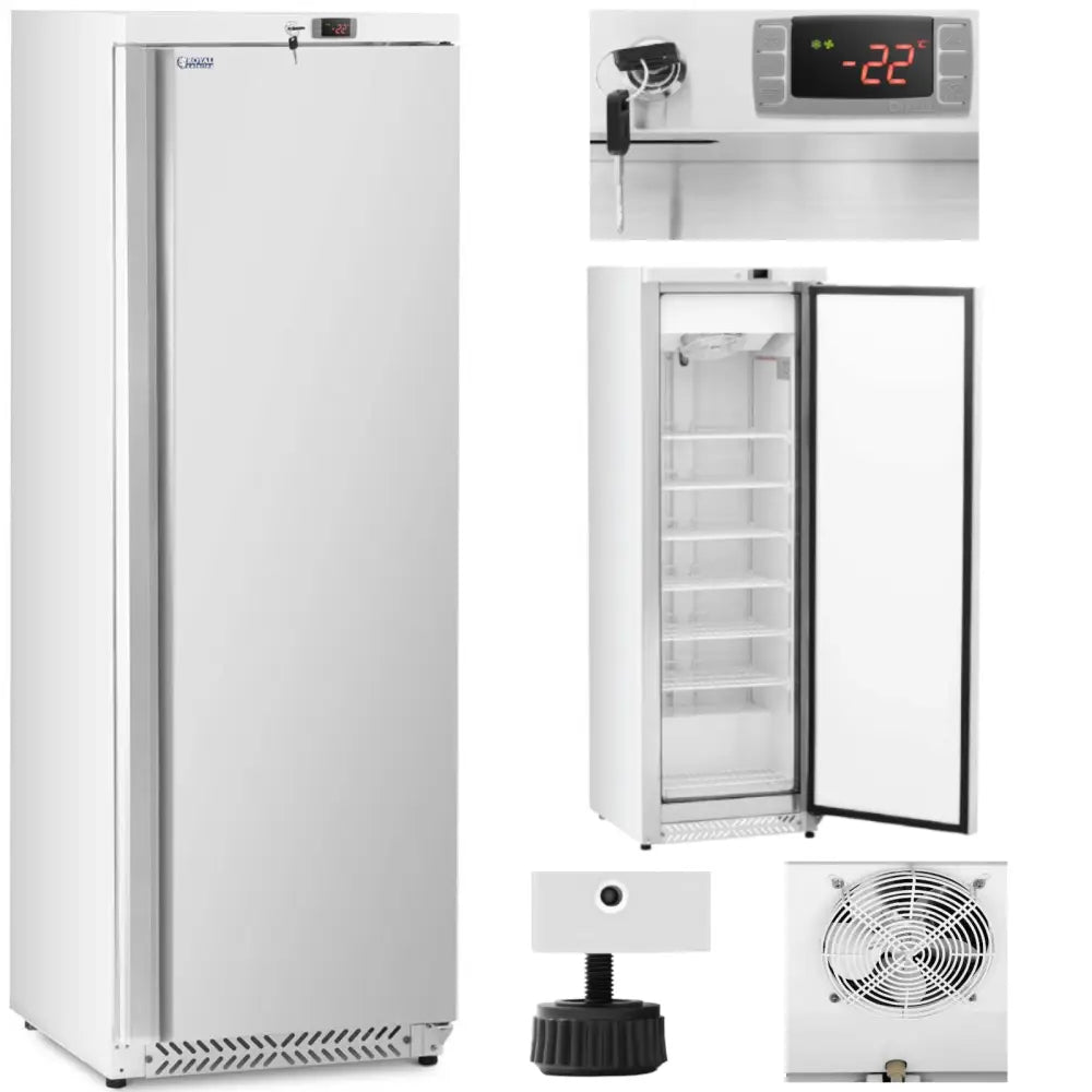 Fryseskap med enkeltdør, syv hyller og digital temperaturvisning, front med både lukket og åpen dør.