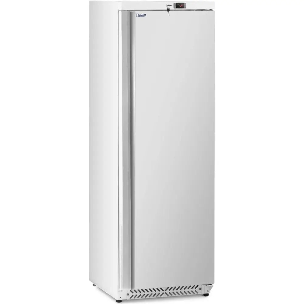 Fryseskap med enkeltdør og sju hyller, skrå høyre side med temperaturdisplay og lås synlig øverst.