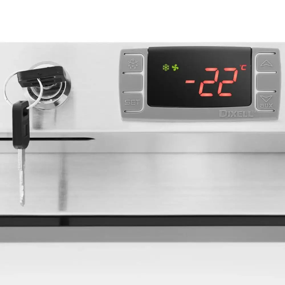 Fryseskap digitalt temperaturdisplay i rustfritt stål, rød LED-visning, knapper og nøkkellås vises tydelig.