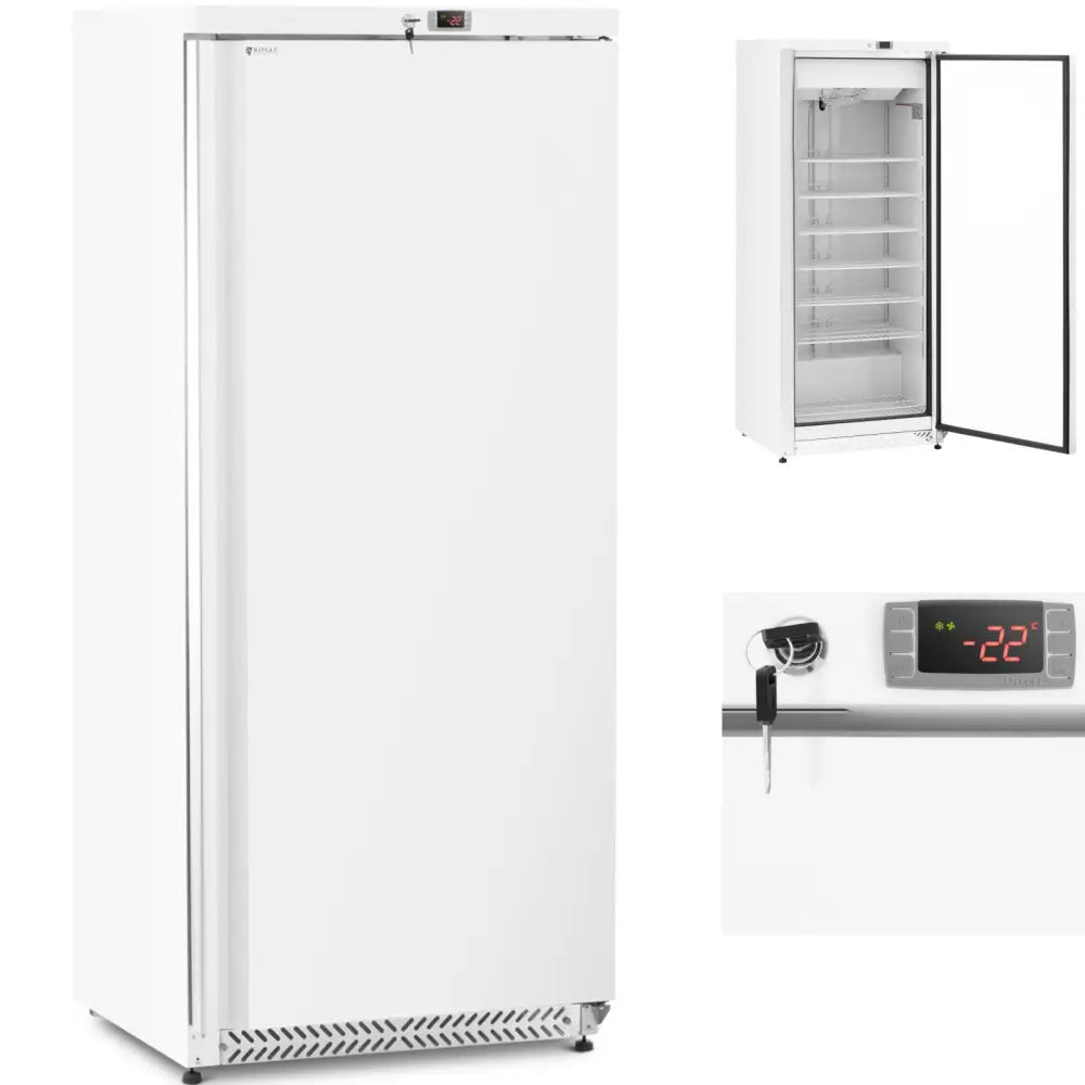 Fryseskap for det profesjonelle kjøkken, hvit sidevisning med åpen dør, hyller og digitalt display.