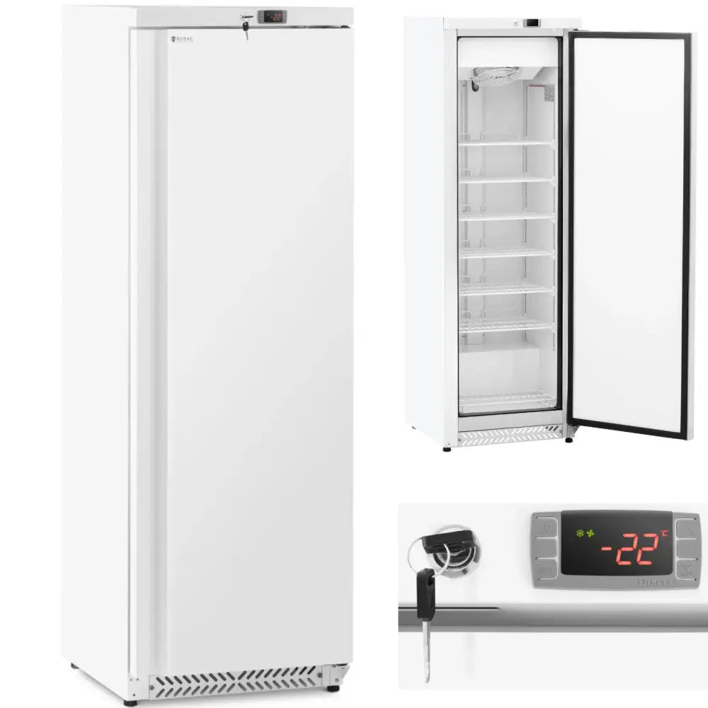 Fryseskap for gastronomi i hvitt metall, frontvisning med digitalt display som viser -22°C og nøkkellås.