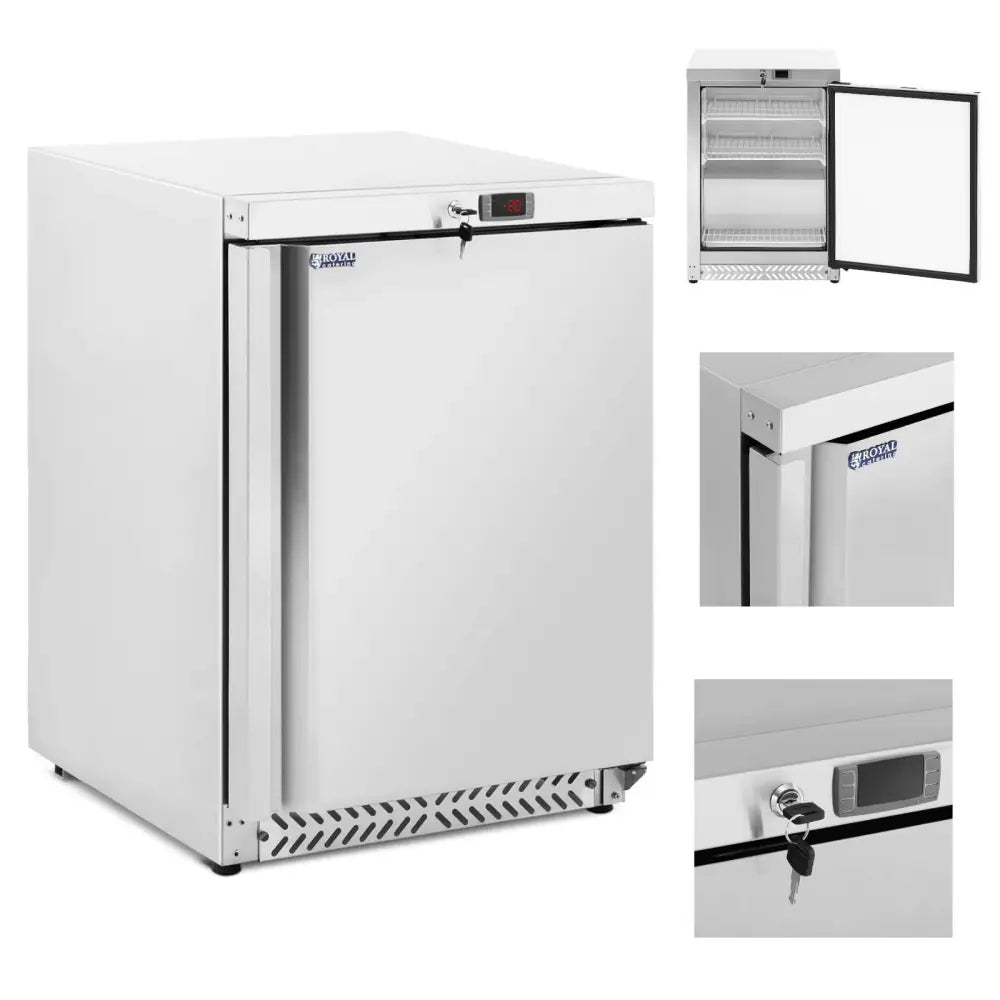 Fryseskap i rustfritt stål med digitalt display, nøkkellås og ventilert bunn, sett skrått forfra.