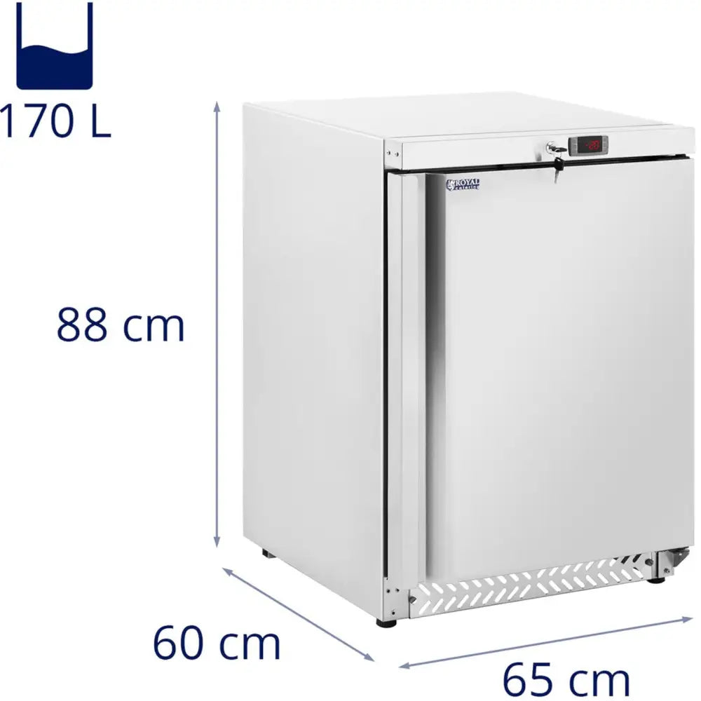 Fryseskap i sølv med digitalt display, tre hyller og kapasitet på 170 liter, sett fra skrå vinkel.