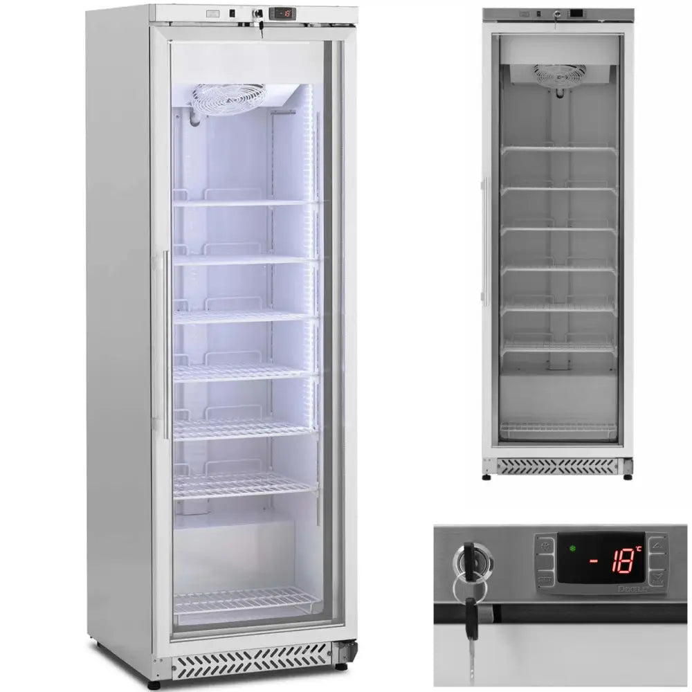 Fryseskap med glassdør, synlig digital temperaturvisning, låsbar dør og justerbare trådhyller.