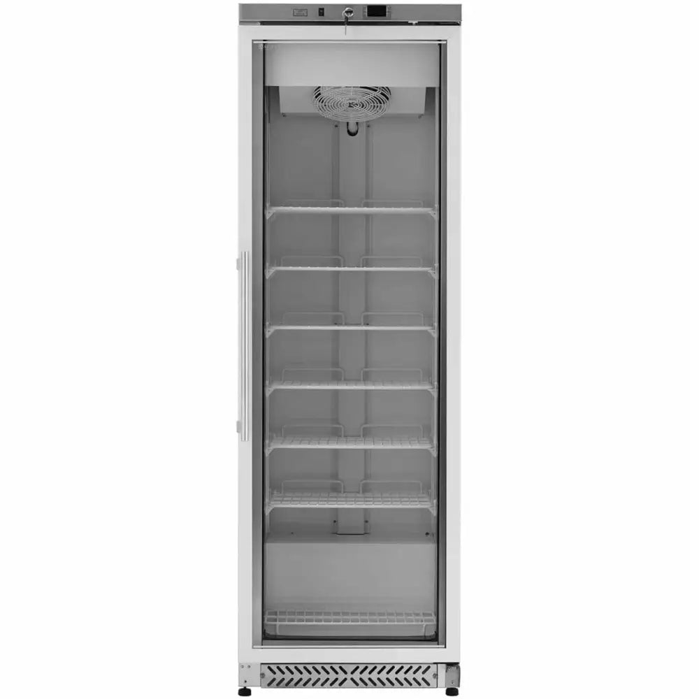 Fryseskap med lås og glassdør, frontbilde som viser seks trådhyller og vifte i toppen.