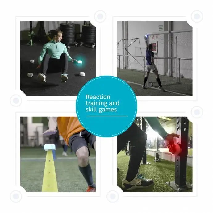 Reaksjonslys sett, nærbilde av fargerike lysenheter brukt til reaksjonstrening med personer i aktivitet.