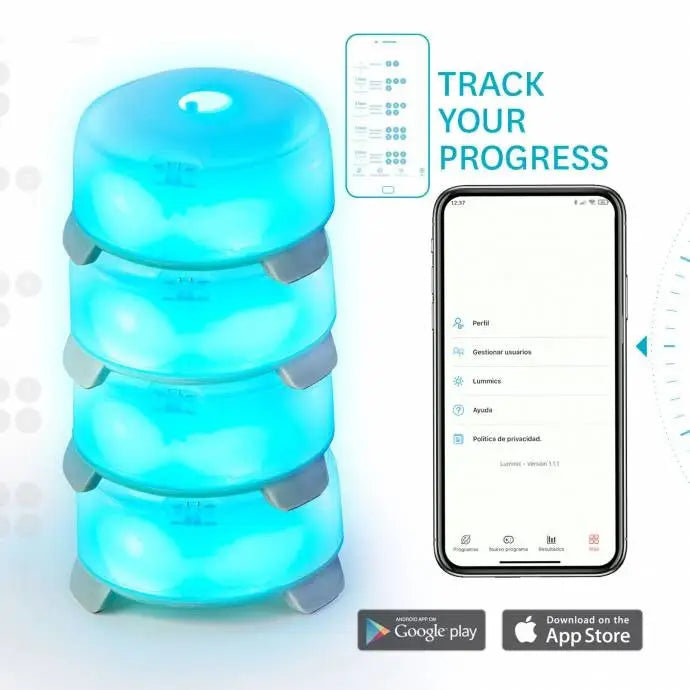 Fullstendig reaksjonslys sett, fire blå LED-enheter stablet, med smarttelefon og app synlig til høyre.