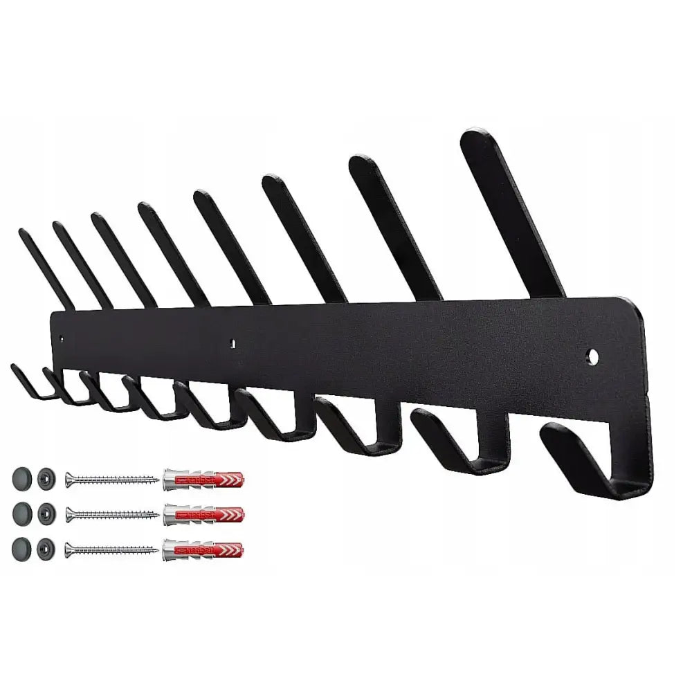 Funksjonell kles- og nøkkelhenger i svart metall, skråvisning av to rader kroker med skruer og plugger.