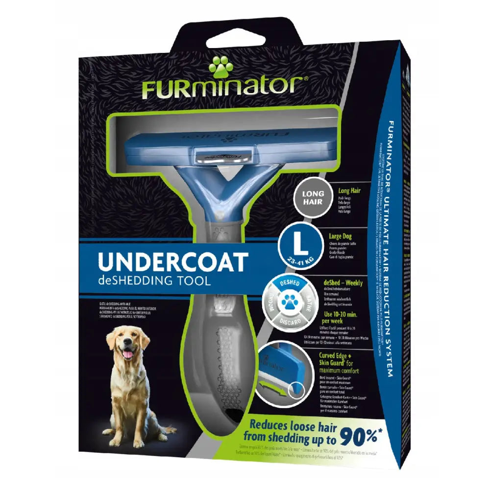 Furminator for langhårede store hunder, blå og grå børste i emballasje med bilde av hund på esken.