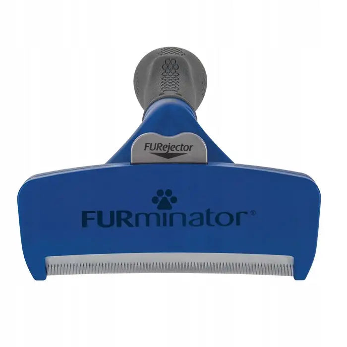 Furminator for store hunder med lang pels, blå børste med metallkam og FURjector-knapp sett rett forfra.