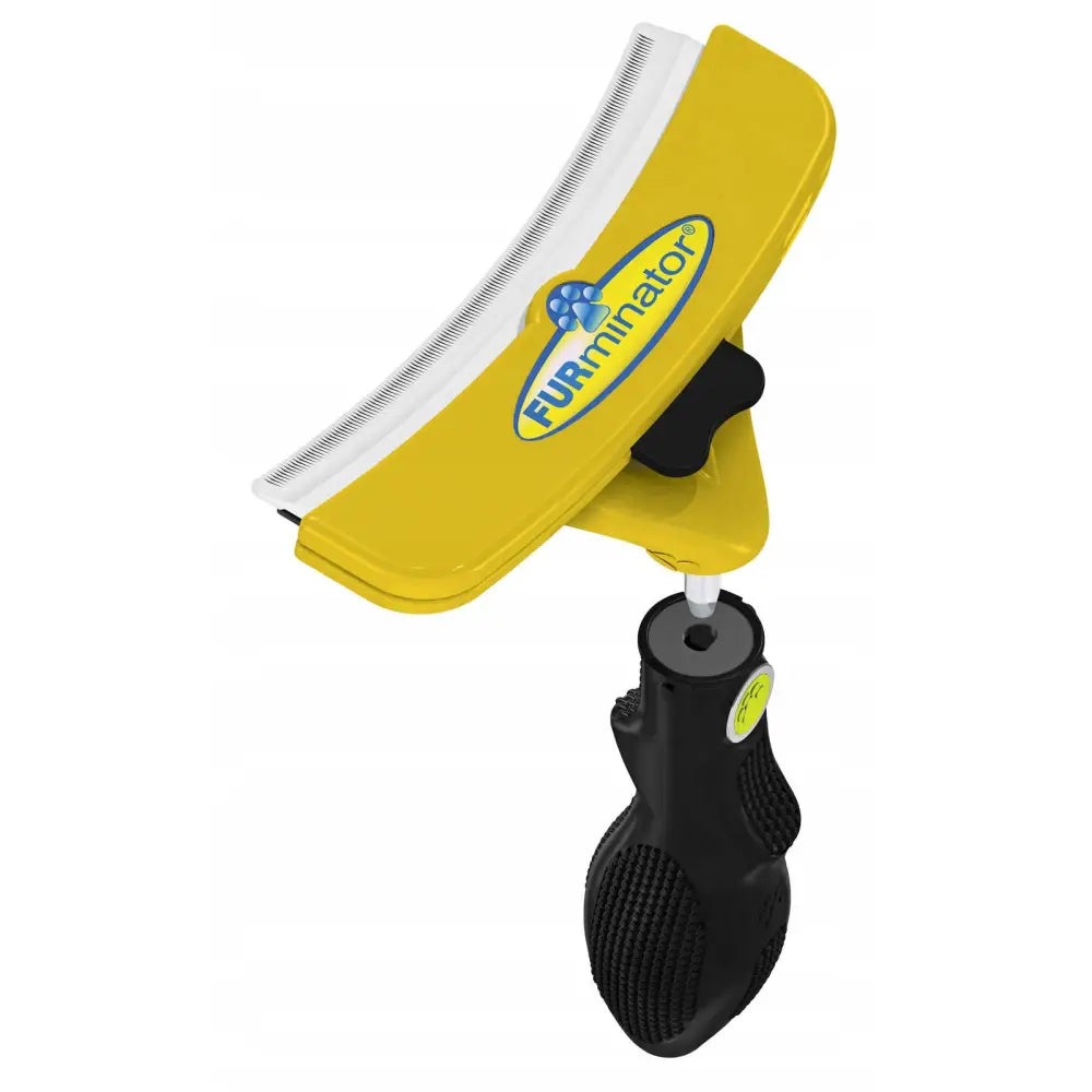 Furminator Furflex Sett for Hunder XL, gul og svart børste med buet metallkam og synlig logo fra skrå vinkel.