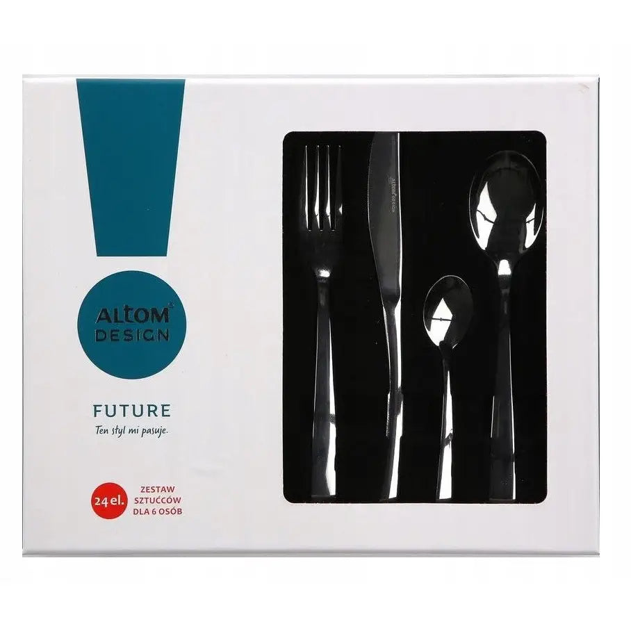 Future glatt bestikksett i rustfritt stål, fire deler synlig i gaveeske med vindu mot svart bakgrunn.