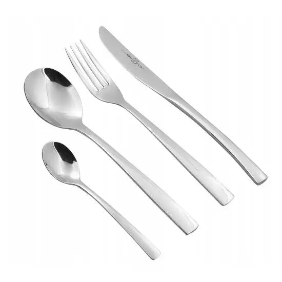 Future bestikk, kniv, gaffel, spiseskje og teskje i rustfritt stål med blank finish og rette linjer, sett ovenfra.