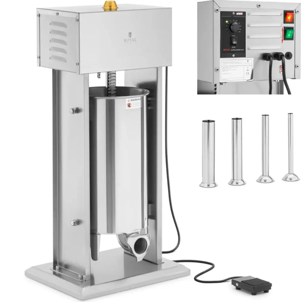 Elektrisk pølsestapper i rustfritt stål, skrå vinkel med fire påfyllingsrør, kontrollpanel og fotpedal synlig.