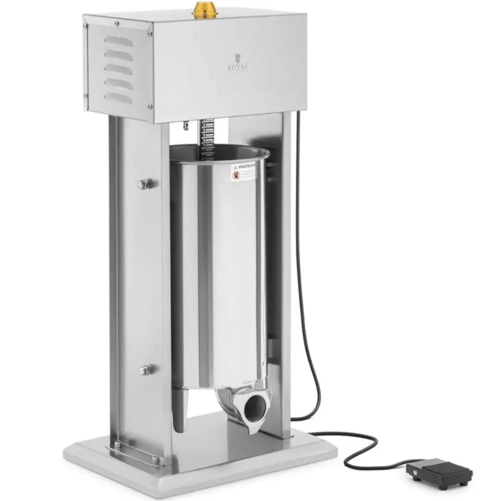 Elektrisk pølsestapper i rustfritt stål, front- og sidevisning med sylinderbeholder og tilkoblet fotpedal.