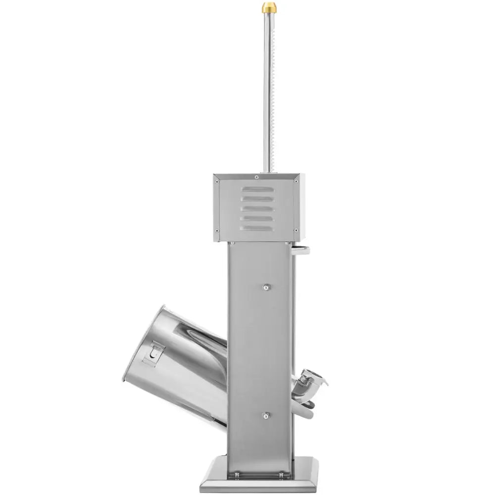 Elektrisk pølsefyller i rustfritt stål, sidevisning med skrå sylinder og messingfarget topp.