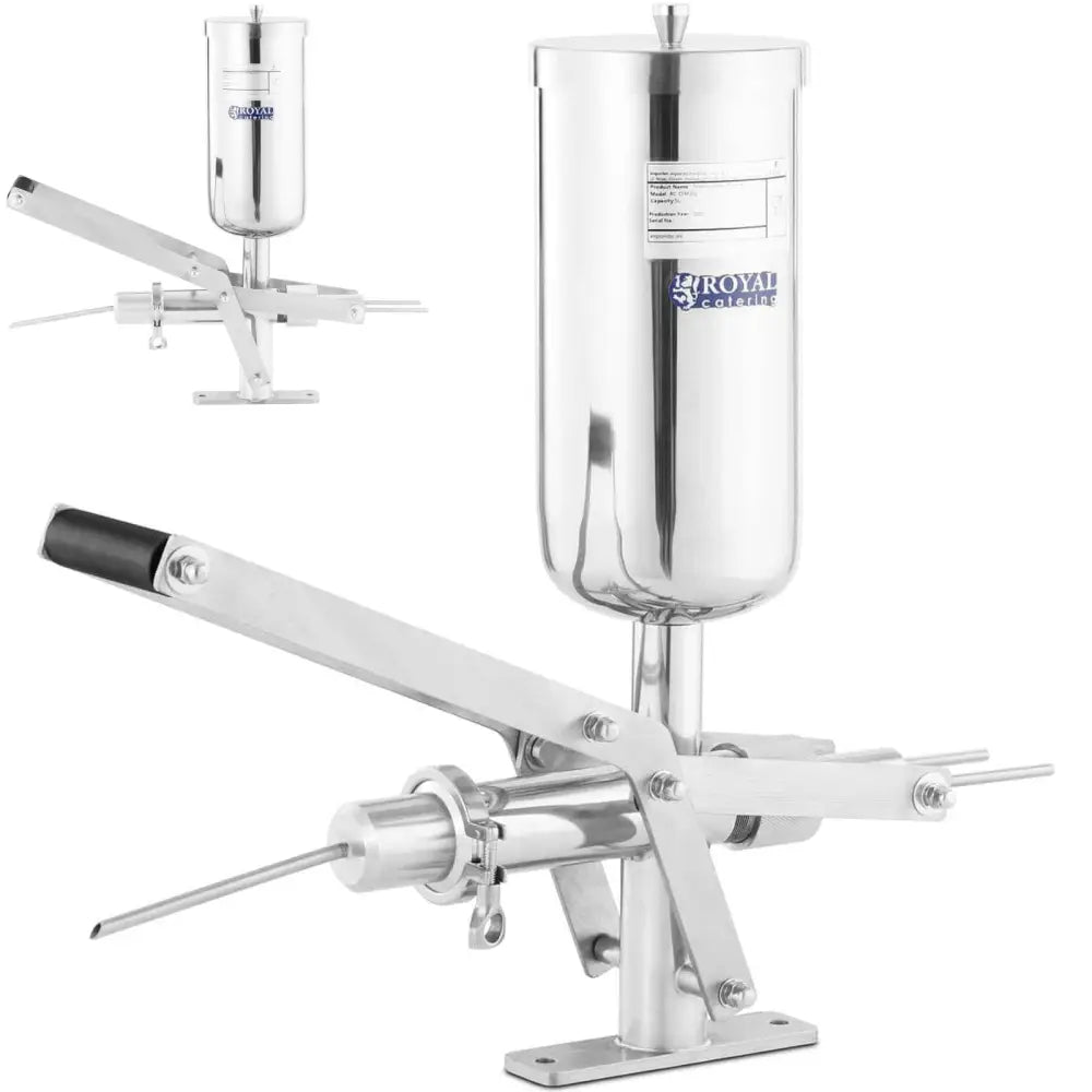 Fylling sprøyte for churros, 5 l, i rustfritt stål med sort håndtak og lang dyse, sett skrått forfra.