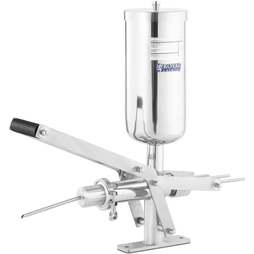 Fylling sprøyte for churros, sidevisning av rustfri sylinder med sort håndtak og lang spiss, metallisk glans.