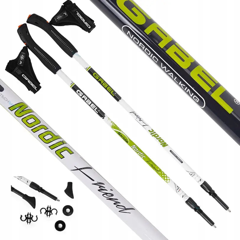 Gabel Nordic Walking Friend, hvite justerbare gåstaver med grønne detaljer, utskiftbare trinser og ergonomiske håndtak.
