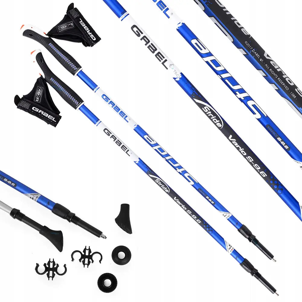 Gabel Vario S teleskopiske gåstaver i blått med ergonomiske håndtak, håndstropper, trinser og gummiføtter.