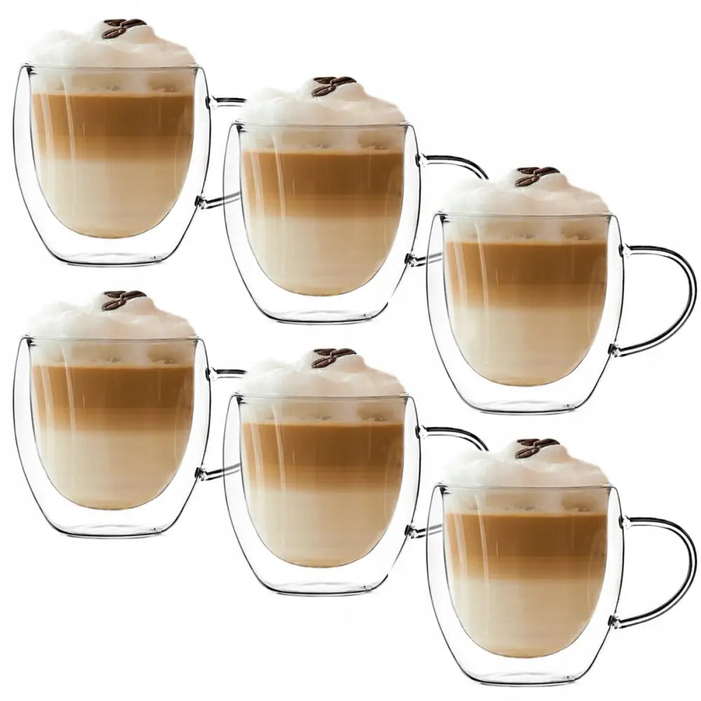 Seks termiske glasskopper med hank, fylt med cappuccino og melkeskum, presentert mot hvit bakgrunn.