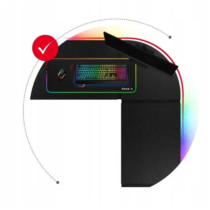 Gaming hjørnebord Huzaro Hero 6.0 RGB, L-form sett ovenfra med RGB-tastatur, mus og markert plassering.