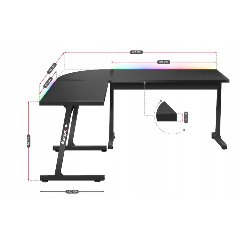Gaming hjørnebord Huzaro Hero 6.0 RGB, L-formet bord med karbonmønstret plate og synlige mål i centimeter.