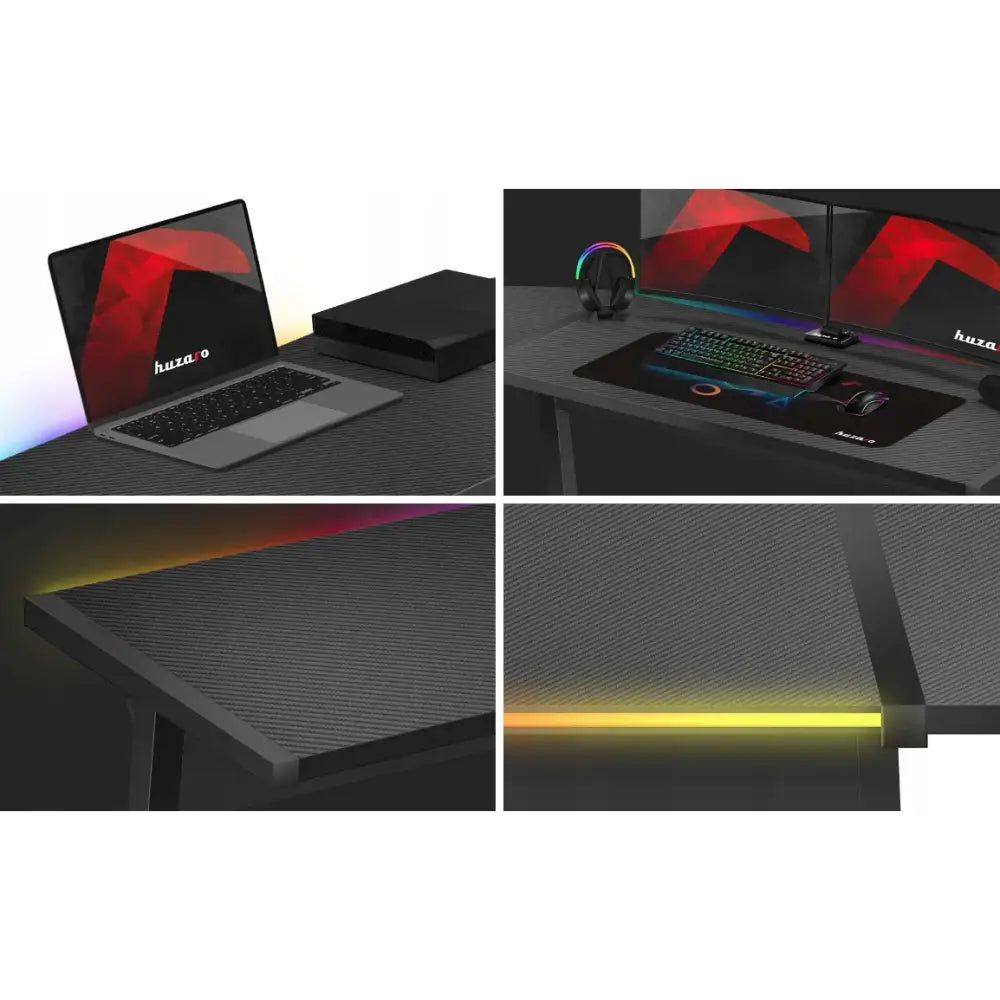 Gaming Hjørnebord Huzaro Hero 6.0 RGB, nærbilder av karbonmønstret bord med fargerikt RGB-lys og gamingutstyr.